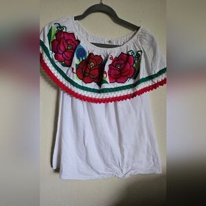 White Skirt with Red Floral Embroidery